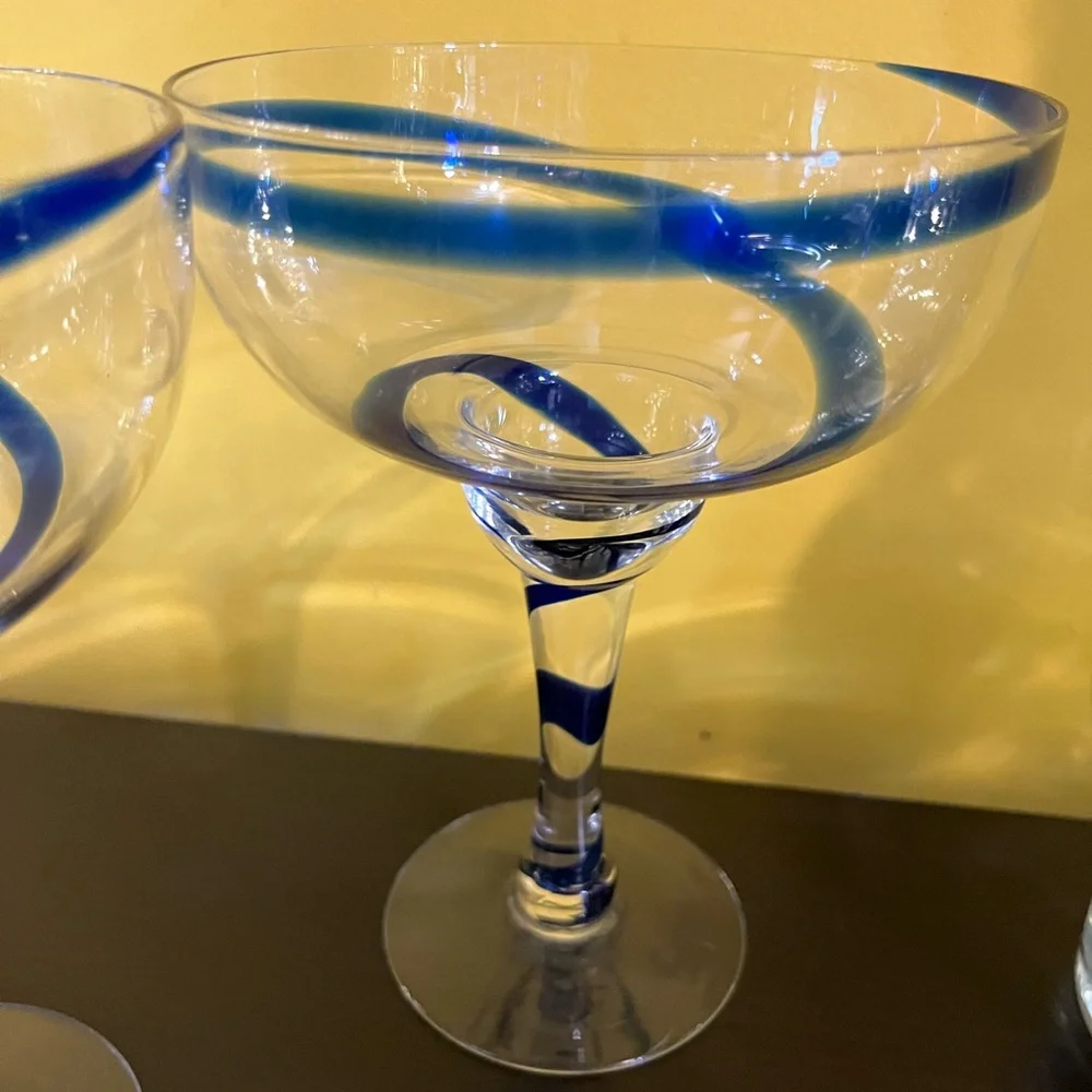 Set of 2 Pier 1 cobalt blue swirl mouthblown margarita glasses